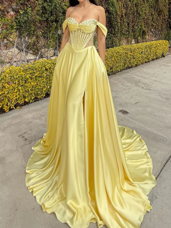 A-line Off-the-shoulder Satin Corset Prom Dresses With Beading #UKM020127517