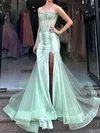 Mermaid Strapless Satin Tulle Corset Prom Dresses With Appliques #UKM020127524