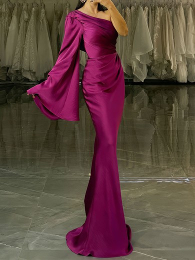Sheath/Column One Shoulder Satin Long Sleeves Prom Dresses With Ruched #UKM020127526