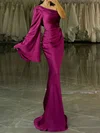 Sheath/Column One Shoulder Satin Long Sleeves Prom Dresses With Ruched #UKM020127526