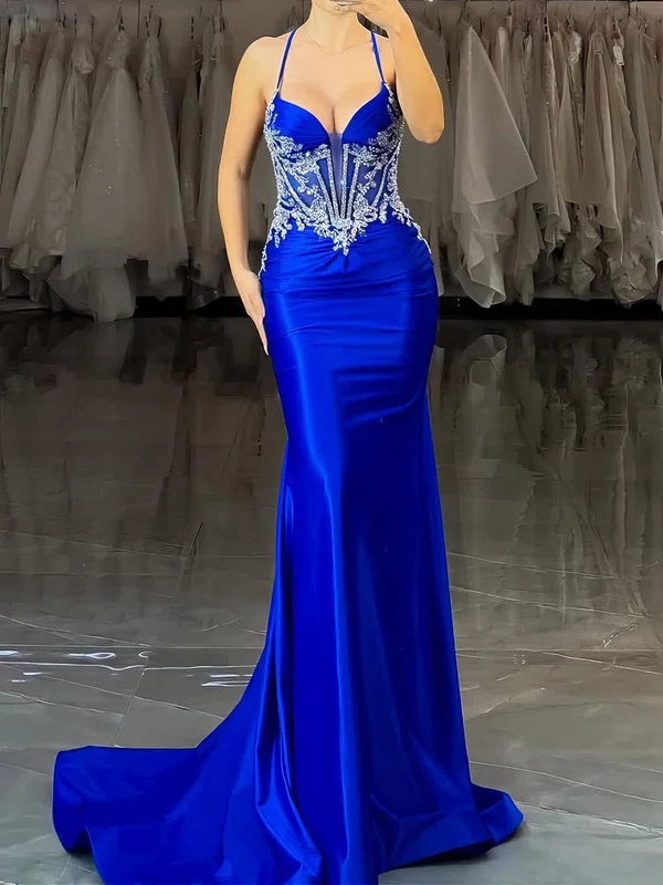 Mermaid V-neck Satin Corset Prom Dresses With Appliques #UKM020127531