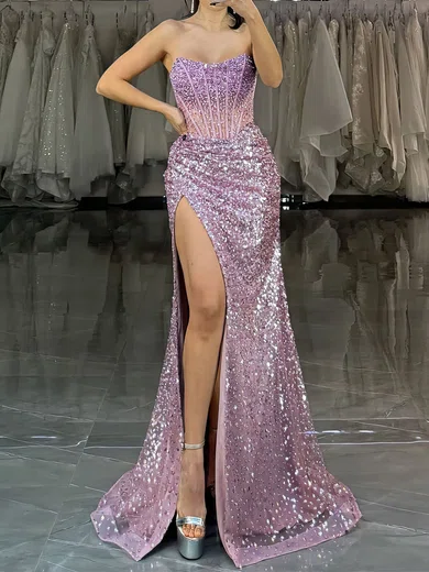 Sheath/Column Strapless Sparkly Sequin Prom Dresses With Beading #UKM020127536