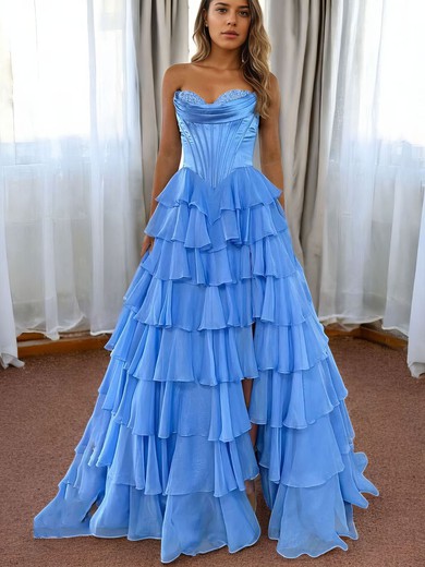 Ball Gown Strapless Satin Chiffon Tiered Prom Dresses With Appliques #UKM020127539