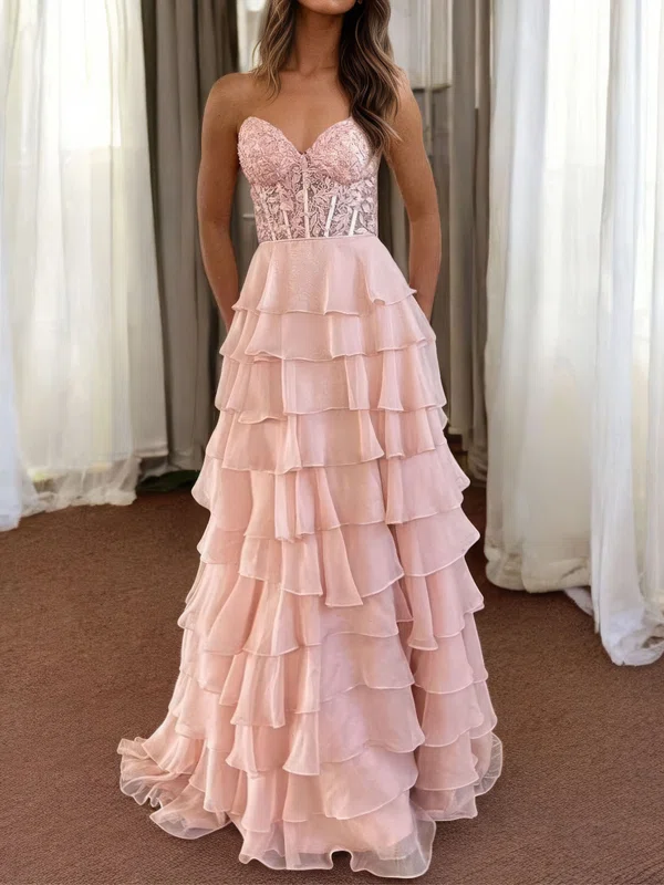 Ball Gown Strapless Chiffon Tiered Prom Dresses With Appliques #UKM020127540