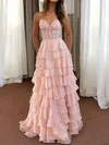 Ball Gown Strapless Chiffon Tiered Prom Dresses With Appliques #UKM020127540