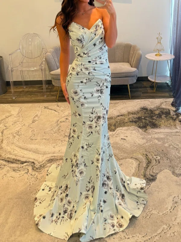 Mermaid Strapless Floral Satin Prom Dresses With Ruched #UKM020127545