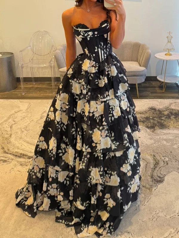 Ball Gown Strapless Chiffon Floral Tiered Prom Dresses #UKM020127546