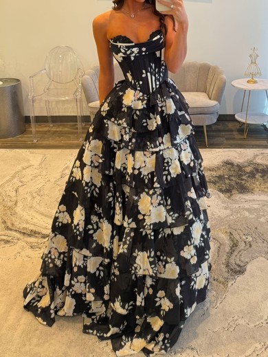 Ball Gown Strapless Chiffon Floral Tiered Prom Dresses #UKM020127546
