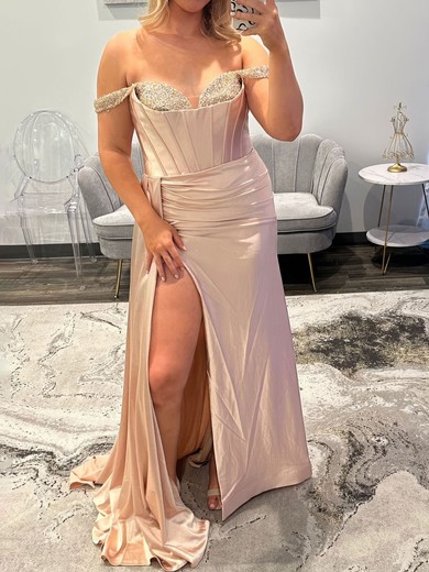 Sheath/Column Off-the-shoulder Satin Corset Prom Dresses With Ruched #UKM020127550