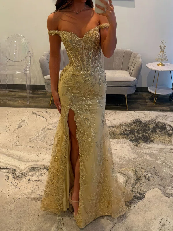 Mermaid Off-the-shoulder Sparkly Sequin Prom Dresses With Appliques #UKM020127554