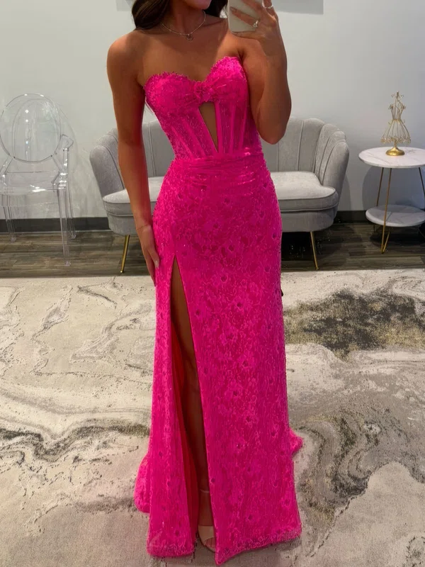 Sheath/Column Strapless Lace Corset Prom Dresses With Ruched #UKM020127555