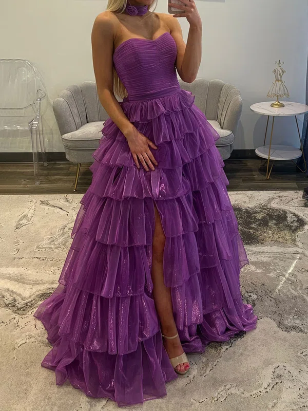 Ball Gown Strapless Tulle Ruffle Tiered Prom Dresses #UKM020127559