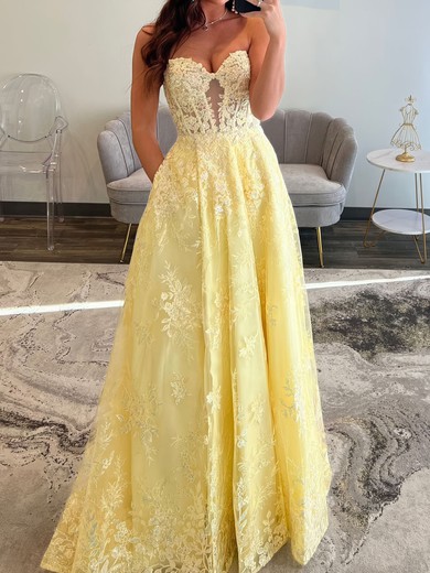 Ball Gown Strapless Lace Cut Out Prom Dresses With Appliques #UKM020127563