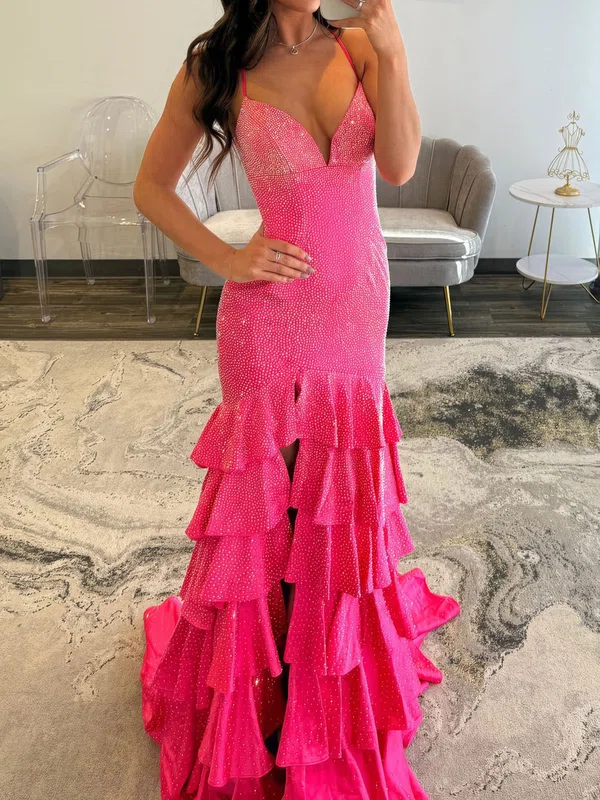 Mermaid V-neck Satin Tiered Prom Dresses With Beading #UKM020127564