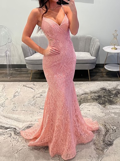 Mermaid V-neck Lace Backless Beaded Prom Dresses #UKM020127567