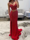 Sheath/Column V-neck Jersey Two Piece Prom Dresses With Beading #UKM020127572