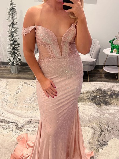 Mermaid Off-the-shoulder Jersey Beaded Prom Dresses With Appliques #UKM020127573