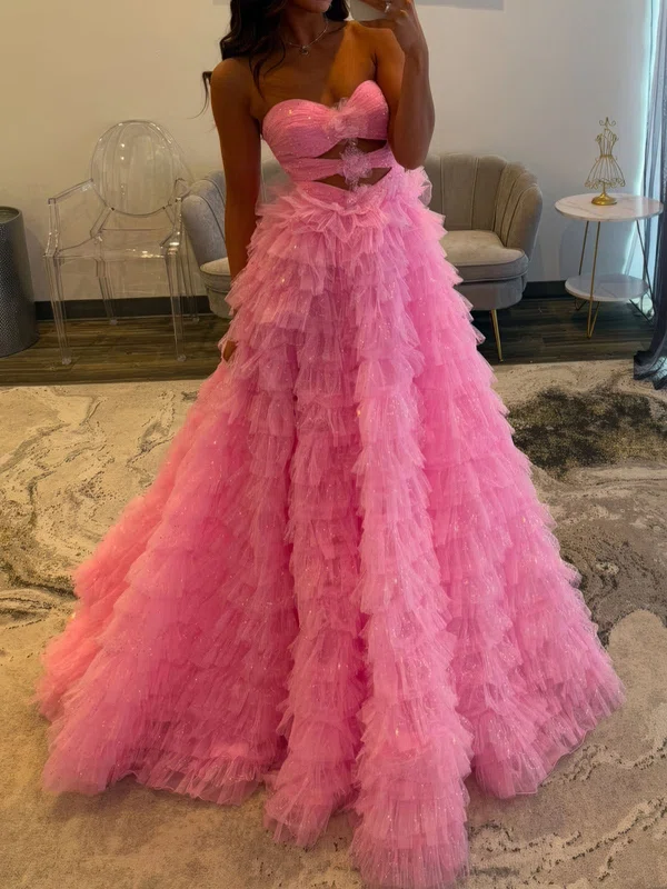 Ball Gown Strapless Tulle Ruffle Tiered Prom Dresses #UKM020127574