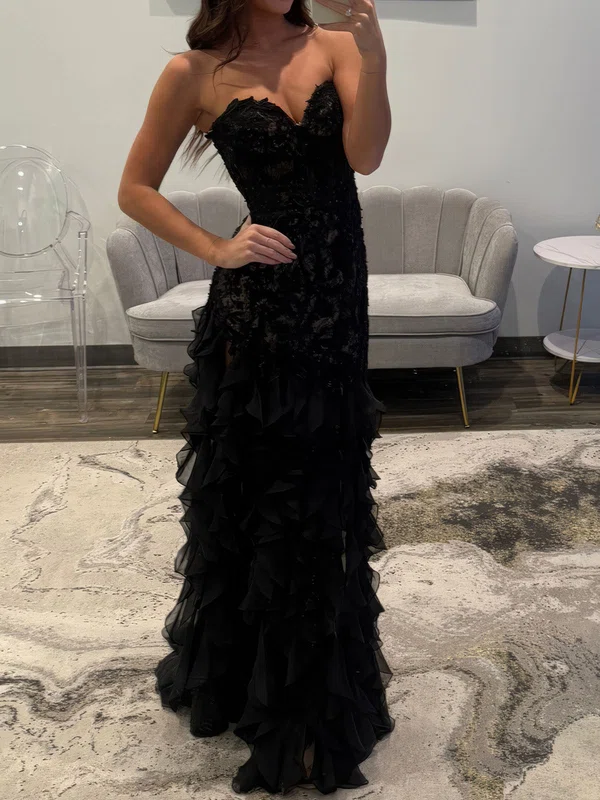 Mermaid Strapless Chiffon Ruffle Tiered Prom Dresses With Appliques #UKM020127576