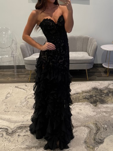 Mermaid Strapless Chiffon Ruffle Tiered Prom Dresses With Appliques #UKM020127576