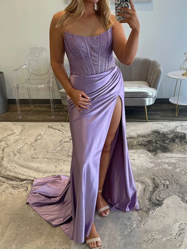 Sheath/Column Straight Satin Corset Prom Dresses With Beading #UKM020127577