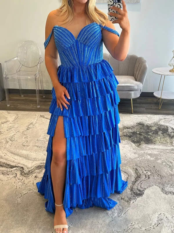 Ball Gown Off-the-shoulder Satin Tiered Prom Dresses With Beading #UKM020127578