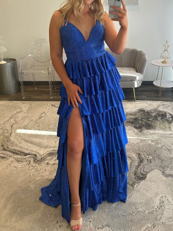 A-line V-neck Satin Tiered Prom Dresses With Beading #UKM020127579