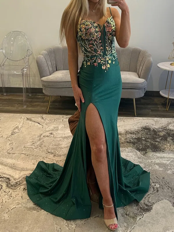 Sheath/Column Sweetheart Jersey Beaded Prom Dresses With Appliques #UKM020127583