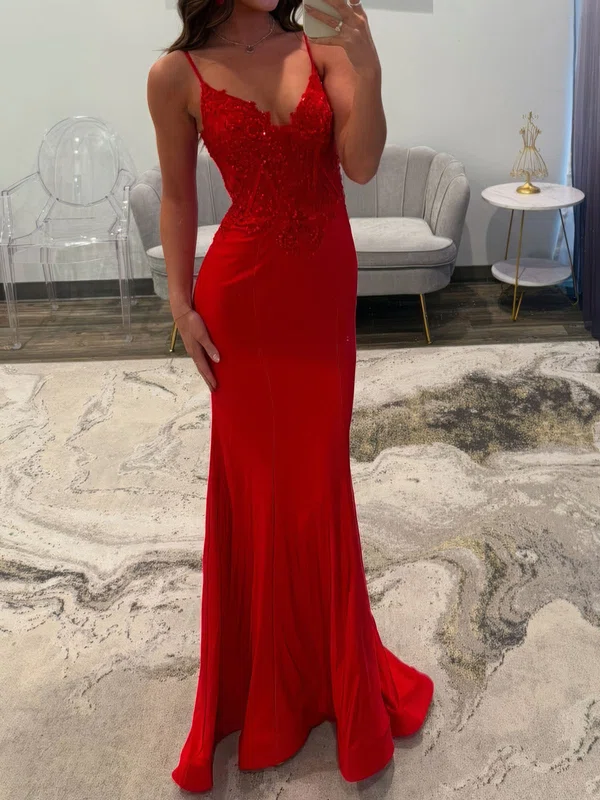 Sheath/Column V-neck Satin Corset Prom Dresses With Appliques #UKM020127585