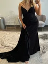 Sheath/Column V-neck Velvet Beaded Prom Dresses With Ruched #UKM020127588