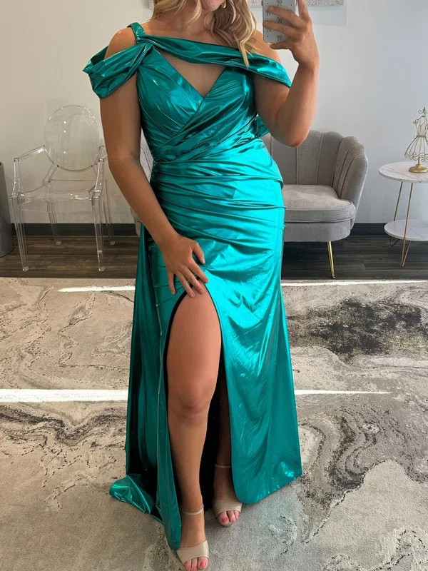 Sheath/Column Asymmetrical Neck Metallic Prom Dresses With Ruched #UKM020127591