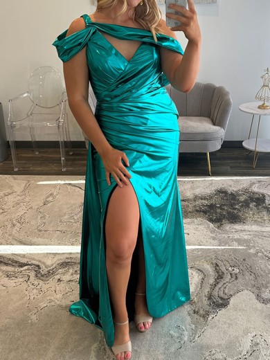 Sheath/Column Asymmetrical Neck Metallic Prom Dresses With Ruched #UKM020127591