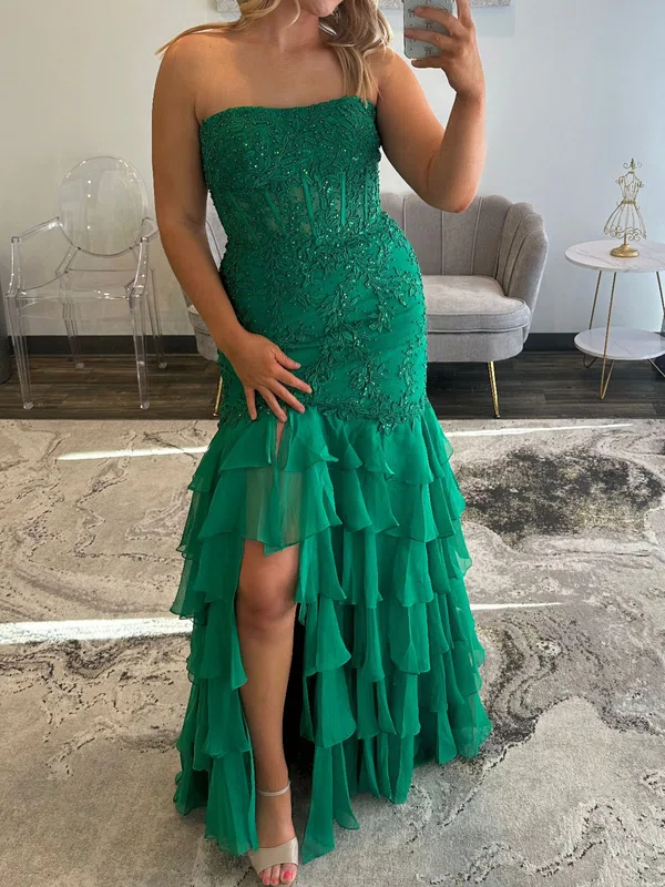 Mermaid Strapless Chiffon Ruffle Tiered Prom Dresses With Appliques #UKM020127595