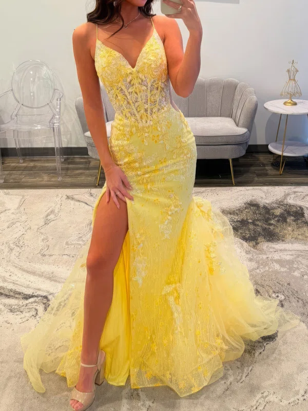 Mermaid V-neck Tulle Corset Prom Dresses With Appliques #UKM020127597