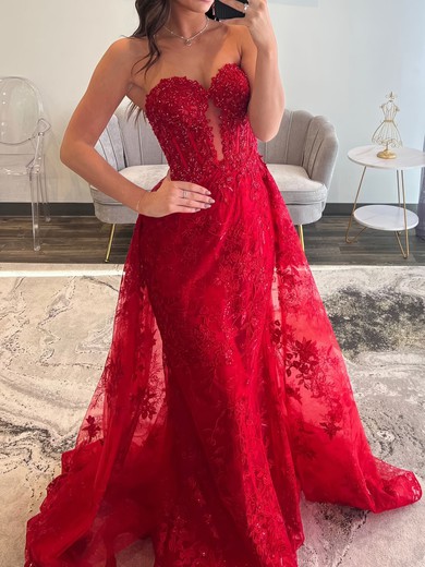 Sheath/Column Strapless Lace Corset Prom Dresses With Appliques #UKM020127601