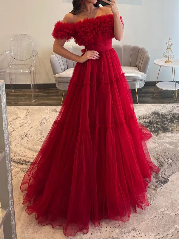 Ball Gown Off-the-shoulder Tulle Ruffle Prom Dresses #UKM020127605