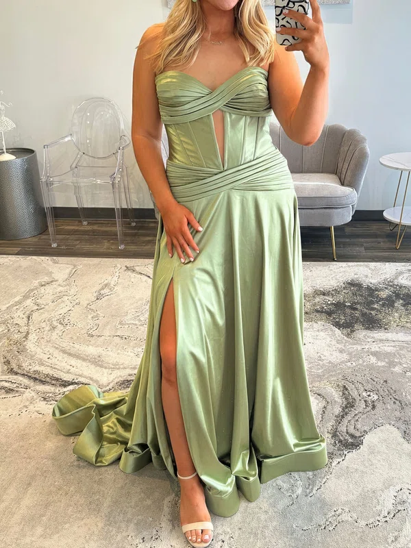 A-line Strapless Satin Corset Prom Dresses With Ruched #UKM020127607