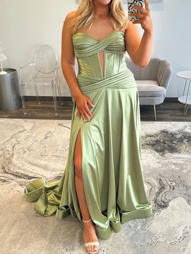 A-line Strapless Satin Corset Prom Dresses With Ruched #UKM020127607
