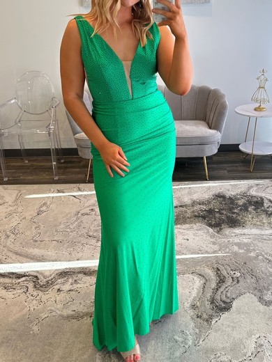 Sheath/Column V-neck Jersey Backless Beaded Prom Dresses #UKM020127610