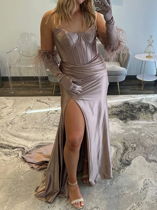 Sheath/Column Scoop Neck Satin Corset Prom Dresses With Ruched #UKM020127611