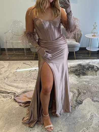 Sheath/Column Scoop Neck Satin Corset Prom Dresses With Ruched #UKM020127611