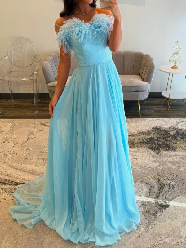 A-line Strapless Chiffon Prom Dresses With Feather #UKM020127613