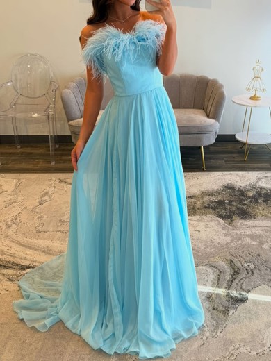A-line Strapless Chiffon Prom Dresses With Feather #UKM020127613
