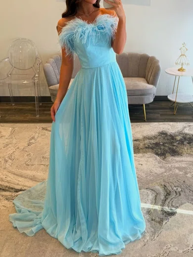 A-line Strapless Chiffon Prom Dresses With Feather #UKM020127613