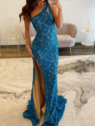 Sheath/Column One Shoulder Lace Beaded Prom Dresses #UKM020127615