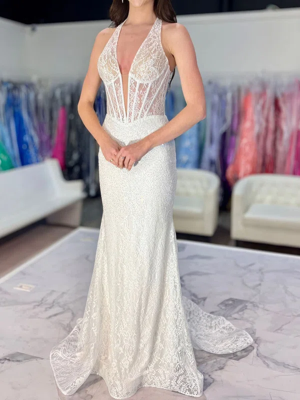 White Mermaid Halter Lace Beaded Prom Dresses #UKM020127620