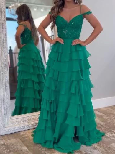 Ball Gown V-neck Chiffon Tiered Prom Dresses With Appliques #UKM020127624
