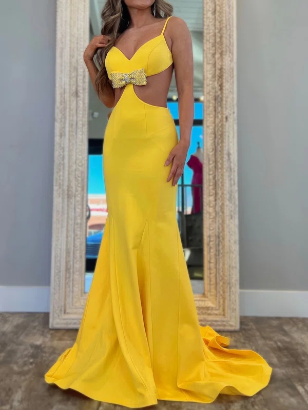 Mermaid V-neck Stretch Crepe Backless Cut Out Prom Dresses #UKM020127625