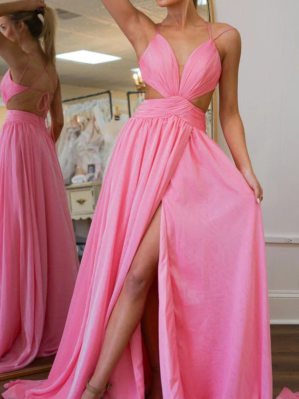 A-line V-neck Chiffon Prom Dresses With Ruched #UKM020127630