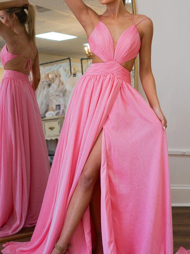 A-line V-neck Chiffon Prom Dresses With Ruched #UKM020127630